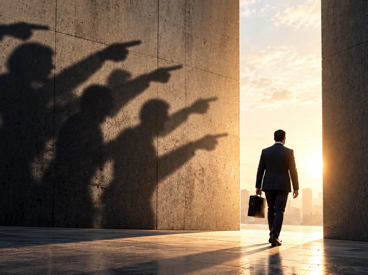 A man with a briefcase walks towards the light as shadows on a wall point at him