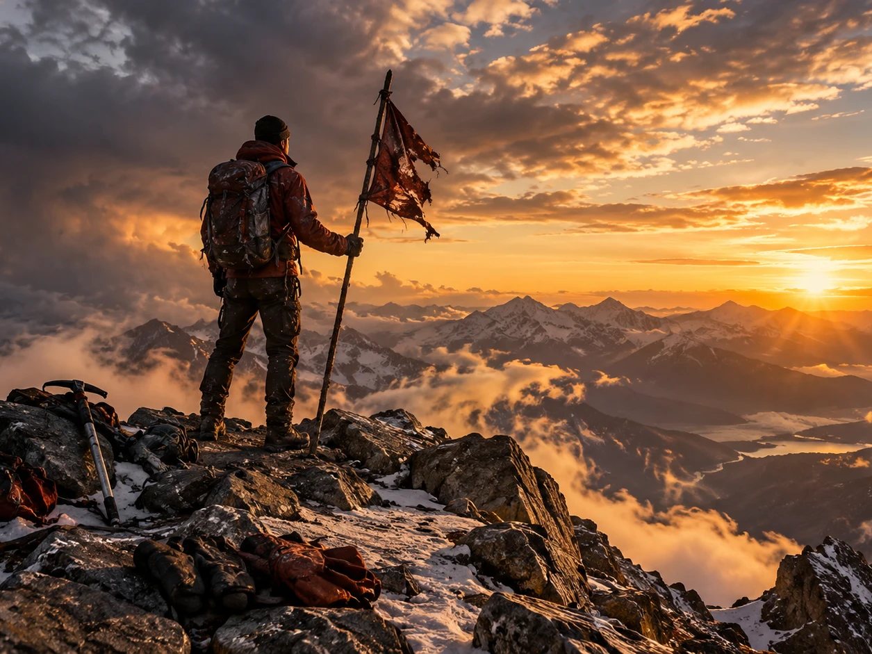 A battered climber holds a torn flag on a mountain summit at sunset