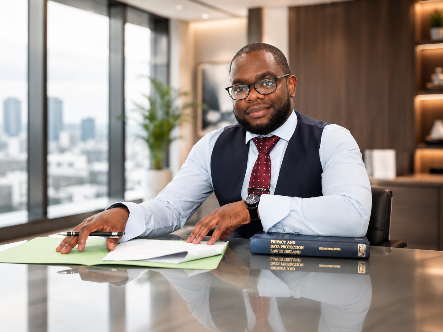 Rodney at a desk with papers and a data protection law text