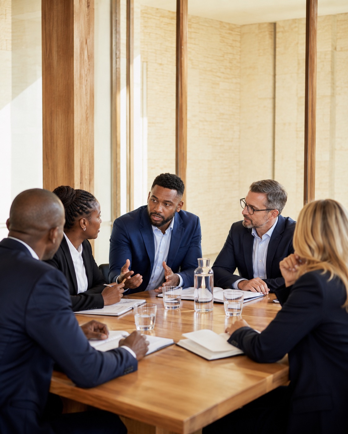 Colleagues in discussion around a boardroom table