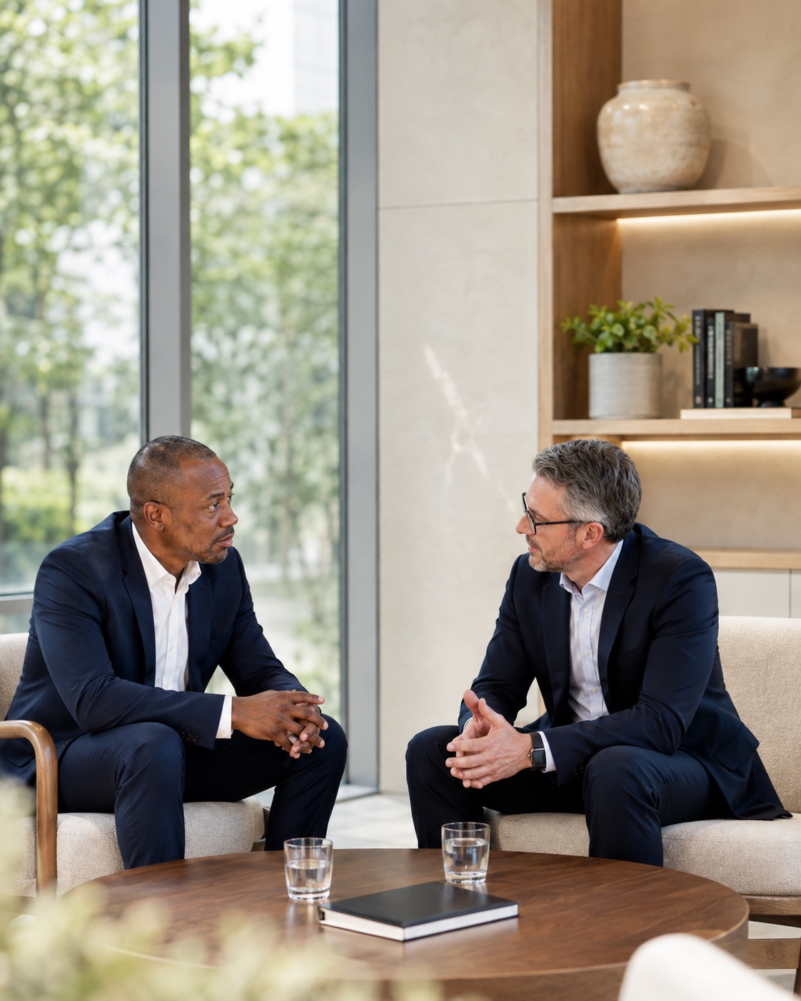 Two people in conversation in a bright office lounge