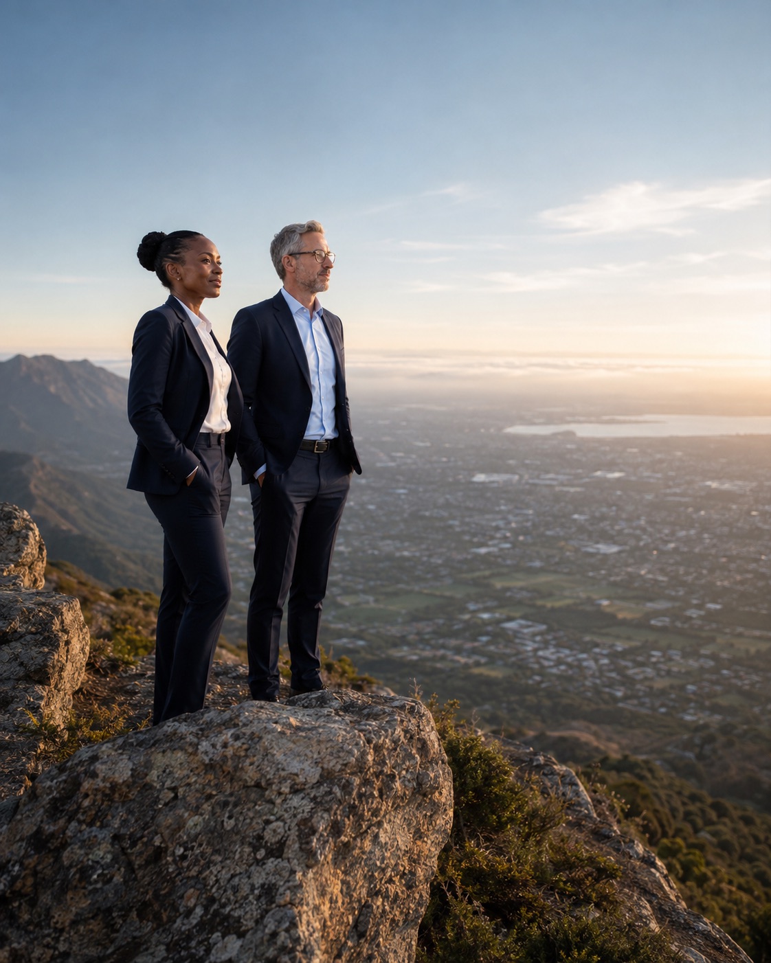 Two colleagues on a clifftop looking out over a city at sunrise