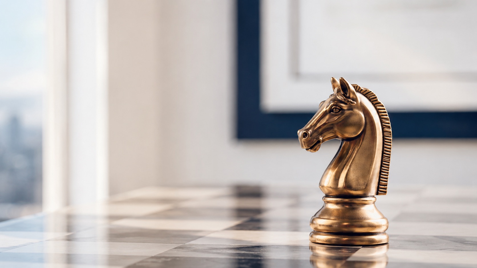 Bronze knight chess piece in a boardroom setting